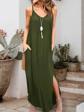 Olive green sleeveless dress with scoop neckline and thigh-high slit