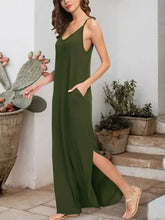 Olive green sleeveless dress with scoop neckline and side slit