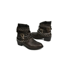Olive Green Studded Faux Leather Motorcycle Ankle Boots for Women Dark Brown