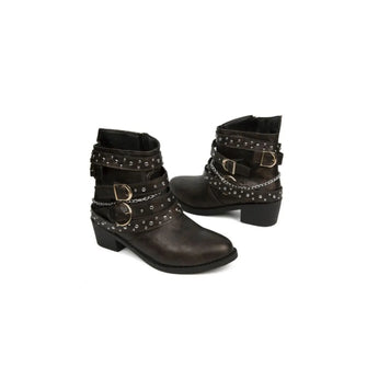 Olive Green Studded Faux Leather Motorcycle Ankle Boots for Women Dark Brown