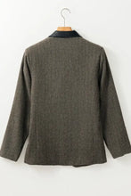 Olive green textured wool blazer with black collar and button details