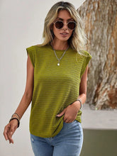 Olive Green Textured Round Neck Casual Ribbed Top for Women