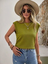 Olive Green Textured Round Neck Casual Ribbed Top for Women