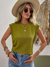 Olive Green Textured Round Neck Casual Ribbed Top for Women