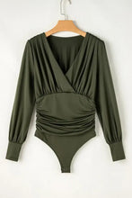 Olive Green V-Neck Wrap Blouse with Long Sleeves Woman Bodysuits