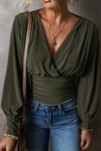 Olive Green V-Neck Wrap Blouse with Long Sleeves