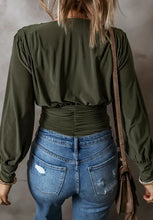 Olive Green V-Neck Wrap Blouse with Long Sleeves