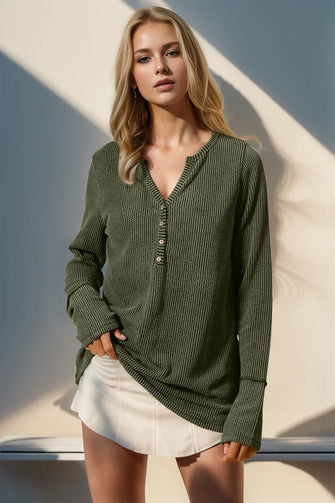 Olive Green Waffle Knit Button Up Long Sleeve Shirt for Women Moss