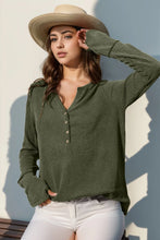 Olive Green Waffle Knit Button Up Long Sleeve Shirt for Women