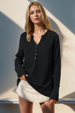 Olive Green Waffle Knit Button Up Long Sleeve Shirt for Women