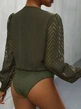 Olive Green Wrap Bodysuit with Sheer Chevron Sleeves Basic Style
