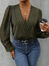 Olive Green Wrap Bodysuit with Sheer Chevron Sleeves Basic Style