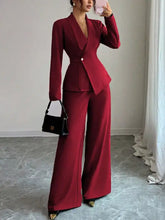 Burgundy One Button Blazer and Pants Set, sleek tailored two-piece suit