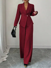 Sleek burgundy One Button Blazer and Pants Set, tailored blazer and wide-leg trousers