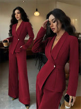 Burgundy One Button Blazer and Pants Set with tailored blazer and wide-leg trousers