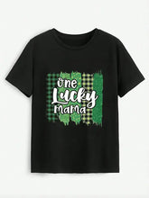 Black short-sleeved lucky mama round neck t-shirt with plaid graphic