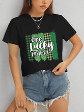 Black short-sleeve Lucky Mama round neck t-shirt with green plaid pattern