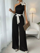 Black one-shoulder bowknot wide leg jumpsuit with satin bow and tied waist