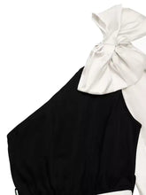 Black one-shoulder bowknot wide leg jumpsuit with white satin bow