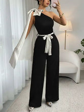 Black one-shoulder bowknot wide leg jumpsuit with satin bows, machine wash cold