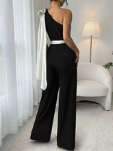 Black one-shoulder bowknot wide leg jumpsuit with white satin belt, machine wash cold