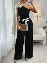 Black one-shoulder bowknot wide leg jumpsuit with white satin bow