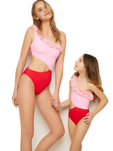 Matching pink and red one-shoulder contrast swimsuits with floral ruffles for women and girls