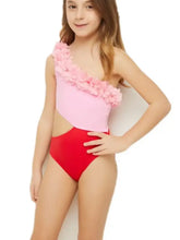 One-shoulder contrast swimsuit in pink and red with floral ruffles for women and girls