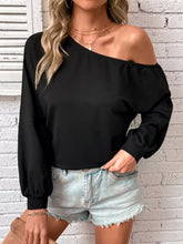 Black one-shoulder long sleeve casual sweatshirt with puffed sleeves and relaxed fit machine wash tumble dry safe