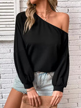 Black one-shoulder long sleeve casual sweatshirt with puffed sleeves, relaxed fit, machine wash and tumble dry safe