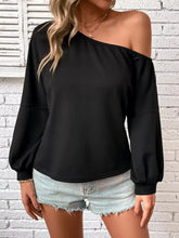 Black one-shoulder long sleeve casual sweatshirt with puffed sleeves, machine wash and tumble dry safe