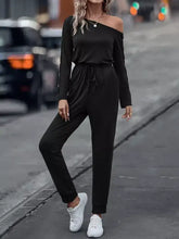 Black one-shoulder long sleeve jumpsuit, machine wash cold