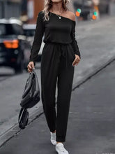 Black one-shoulder long sleeve jumpsuit with drawstring waist, machine wash cold
