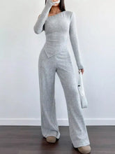 Gray ribbed knit one-shoulder long sleeve top and wide-leg pants set