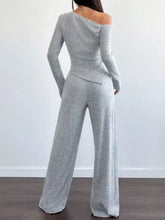 Cozy light gray ribbed knit one-shoulder top and wide-leg pants set