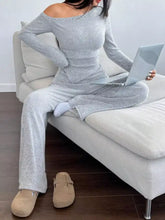 Gray ribbed knit off-the-shoulder loungewear set back view