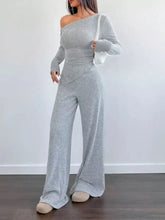 Gray shimmering knit One-Shoulder Long Sleeve Top and Pants Set