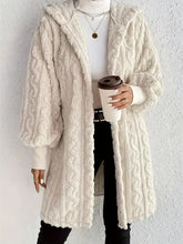 Open Front Long Sleeve Fuzzy Hooded Jacket Beige Woman Outerwear