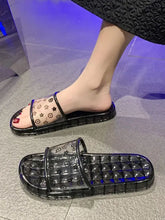 Black open toe flats slippers with transparent monogram strap