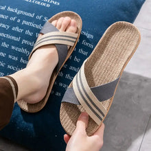 Beige and gray cross-strap open toe flats slippers with woven soles