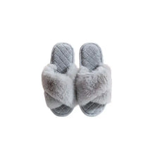 Soft fuzzy gray open toe flats slippers with crisscross straps