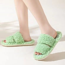 Light green open toe flats slippers with fluffy wide strap
