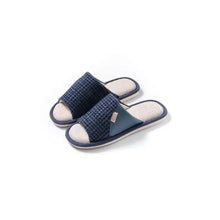 Navy blue open toe flats slippers with woven straps and light footbeds