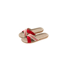 Red and beige criss-cross open toe flats slippers with woven insoles