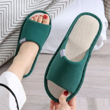 Dark green open toe flats slippers with beige textured insoles