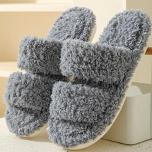Fluffy gray open toe flats slippers with white soles