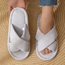 Light grey waffle-knit criss-cross strap open toe flats slippers
