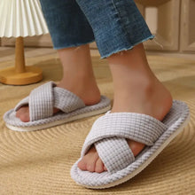 Light grey waffle-textured open toe flats slippers with white soles