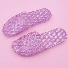 Sparkly purple jelly open toe flats slippers with quilted sole