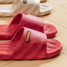 Red and beige open toe flats slippers with textured sole